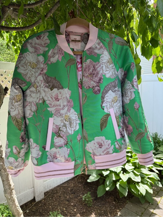 Ted Baker Jackets & Blazers - Ted Baker Green Floral Bomber Jacket with Pink Trim Accents size Medium